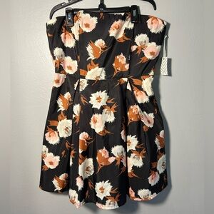 Forever 21 Black Strapless Floral Skater Dress with Rust and Cream Blooms